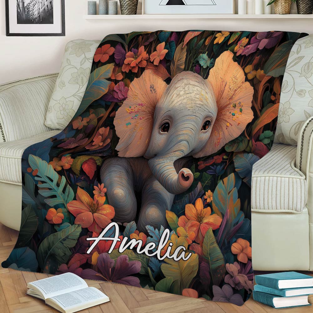 Colorful elephant and tropical flower blanket styled across a living room sofa