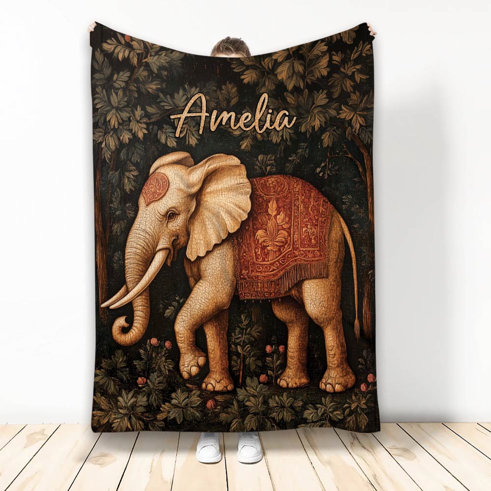 Elephant throw blanket with ornate red saddle, vintage botanical artwork, and dark earthy colors