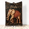 Elephant throw blanket with ornate red saddle, vintage botanical artwork, and dark earthy colors
