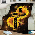 Nurse blanket draped over a chair showing a medical caduceus, glowing cross, sunflowers, and butterflies
