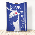 Blue nurse throw blanket displayed upright with medical icons and a nursing silhouette