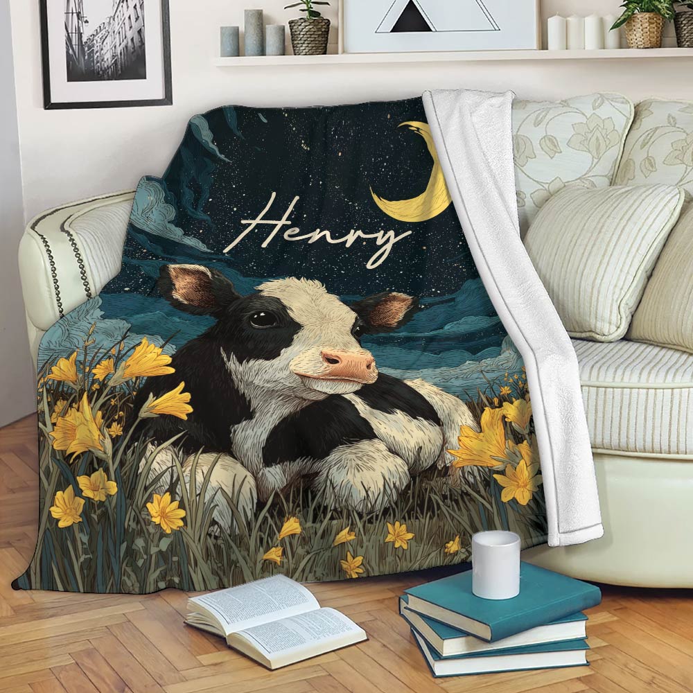 Cow blanket draped over a sofa with moon, flowers, and dark blue pastoral artwork