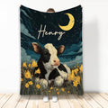 Cow throw blanket with moonlit night sky, golden flowers, and illustrated farm animal artwork