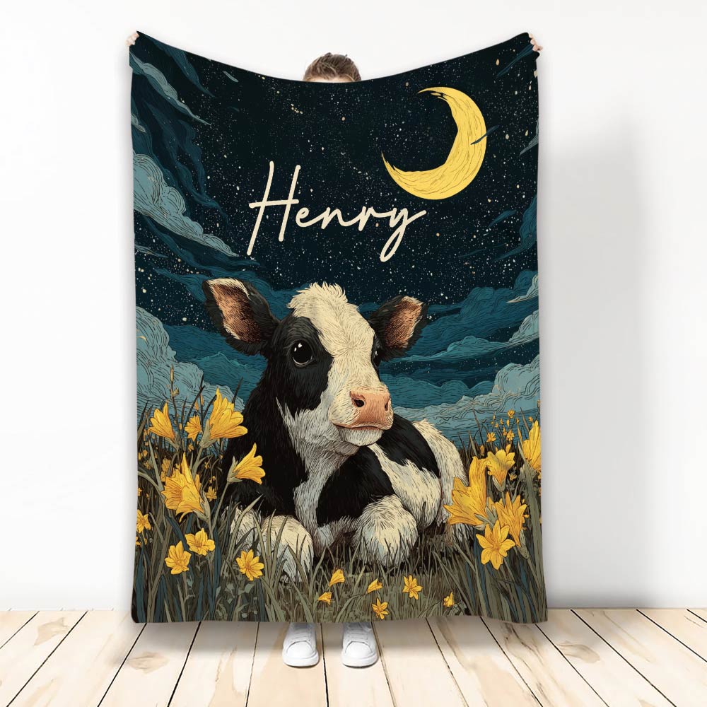 Cow throw blanket with moonlit night sky, golden flowers, and illustrated farm animal artwork