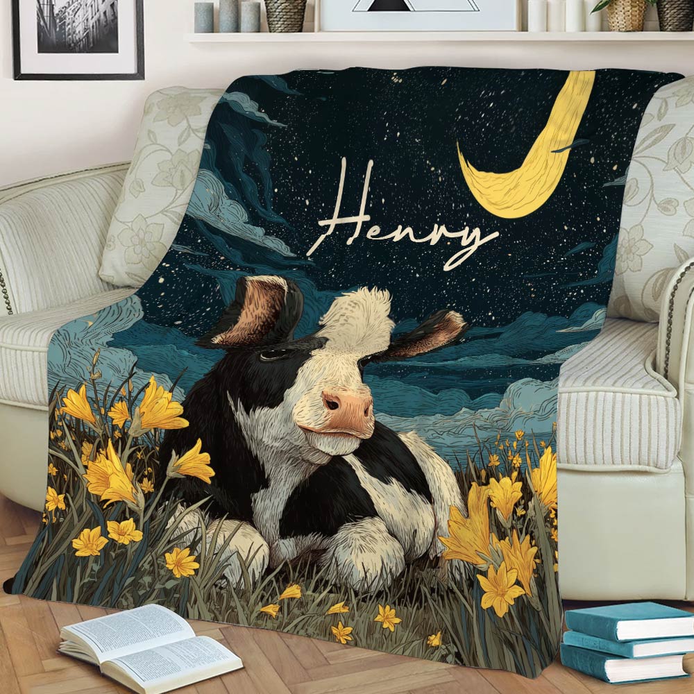 Illustrated cow throw blanket displayed on a couch with crescent moon and yellow flowers