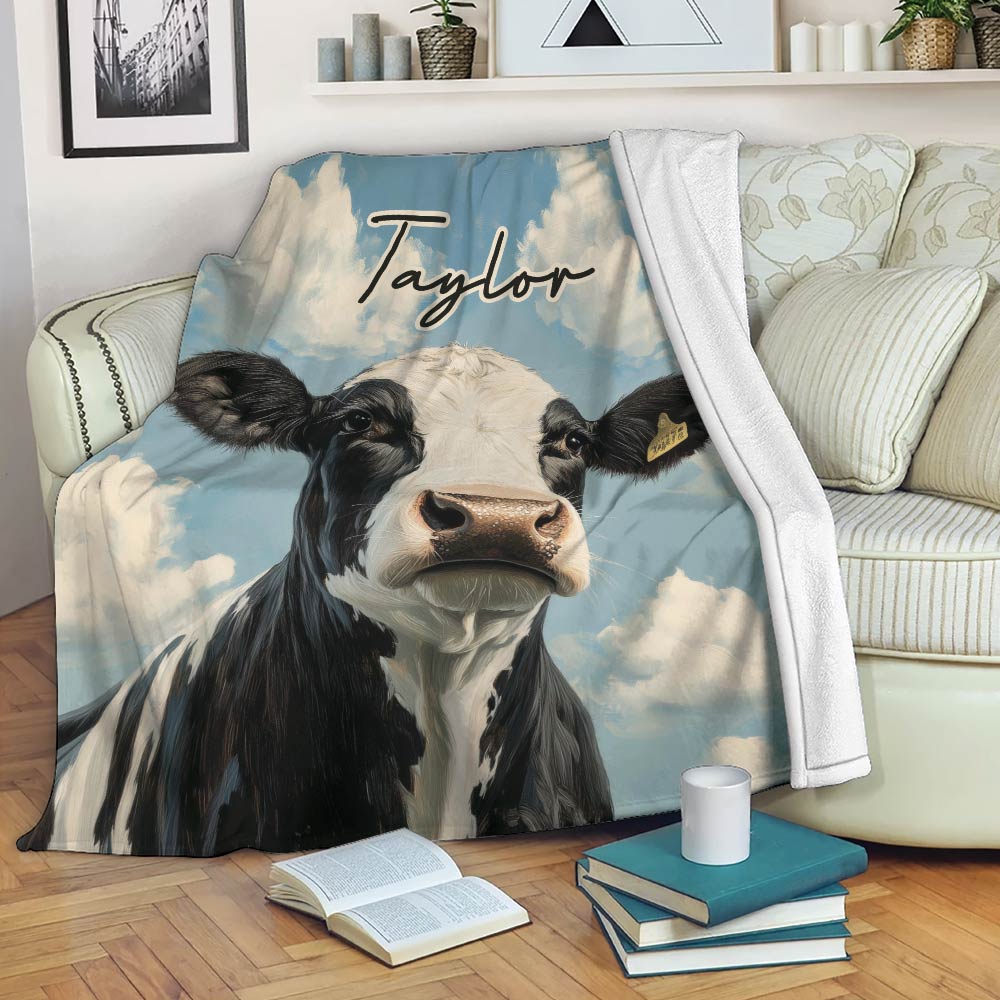 Black and white cow throw blanket draped over a sofa in a cozy living room