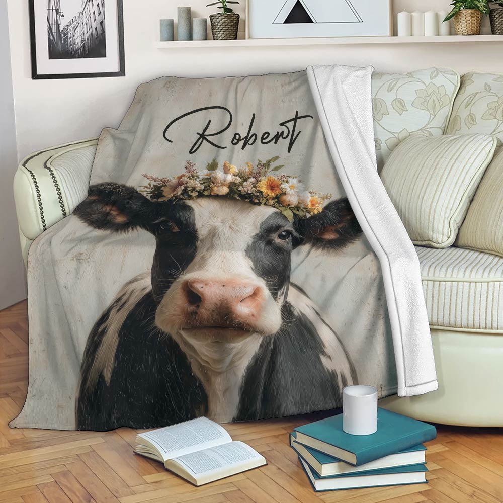 Cow throw blanket draped over a sofa, featuring a floral-crowned black and white cow design