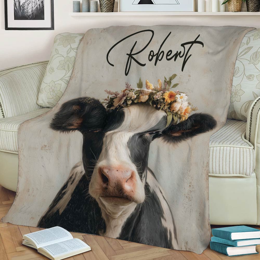 Rustic cow blanket displayed on a couch with a close-up floral-crowned black and white cow
