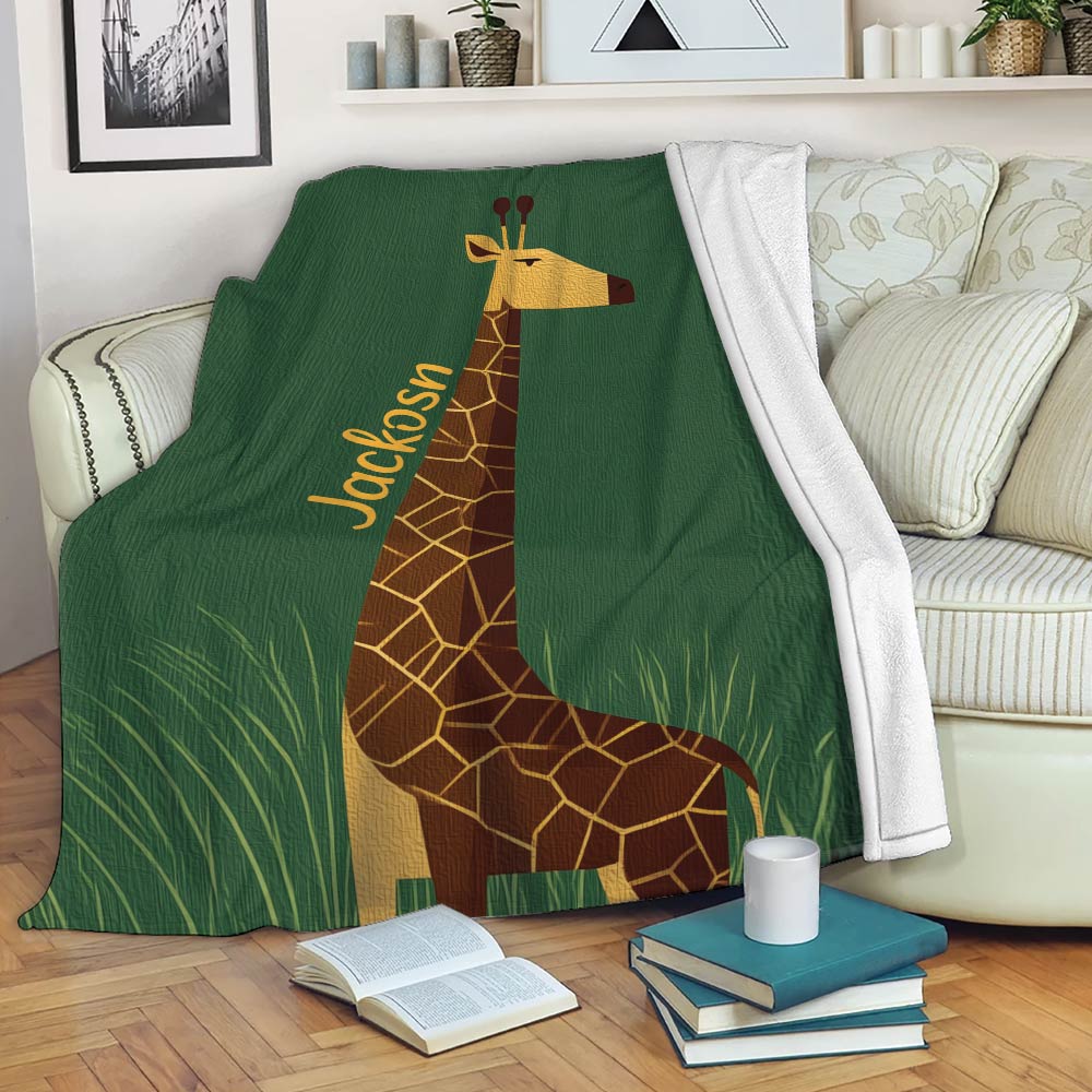 Giraffe throw blanket draped over a sofa with green grass artwork and a cozy reading setup