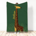 Giraffe throw blanket displayed vertically with a stylized giraffe on a green grassland background