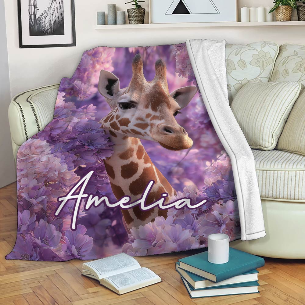 Purple floral giraffe throw blanket styled on a living room sofa