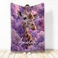 Giraffe blanket with purple floral artwork displayed in a room
