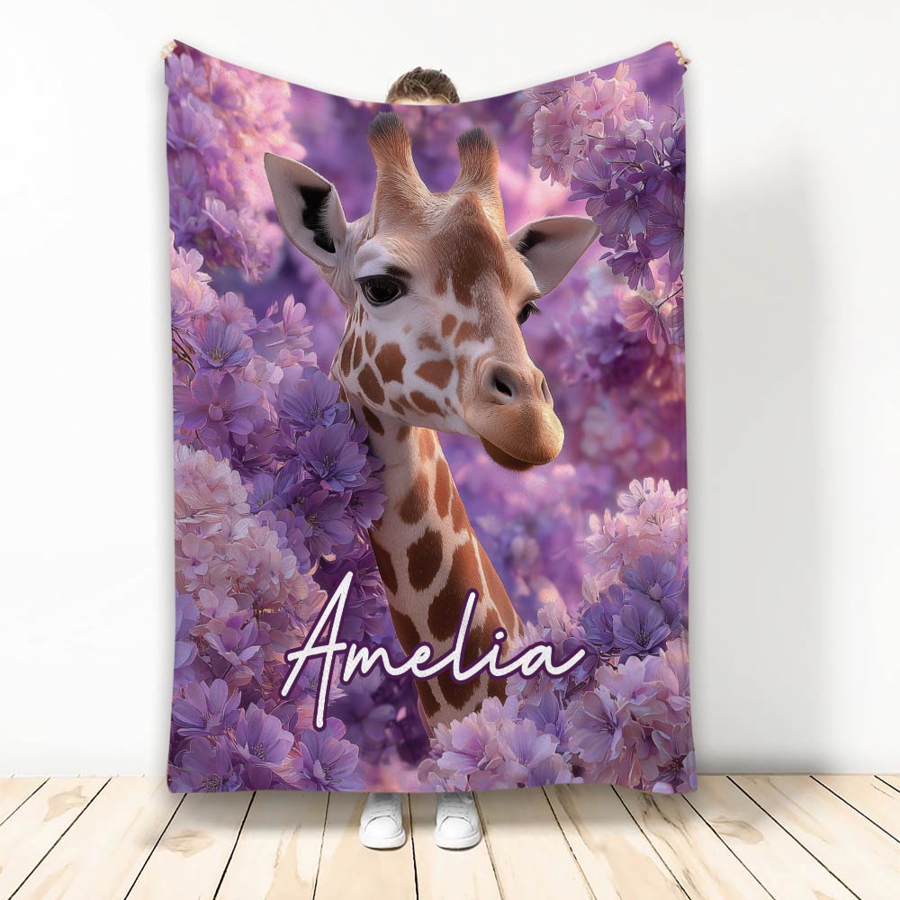 Giraffe blanket with purple floral artwork displayed in a room
