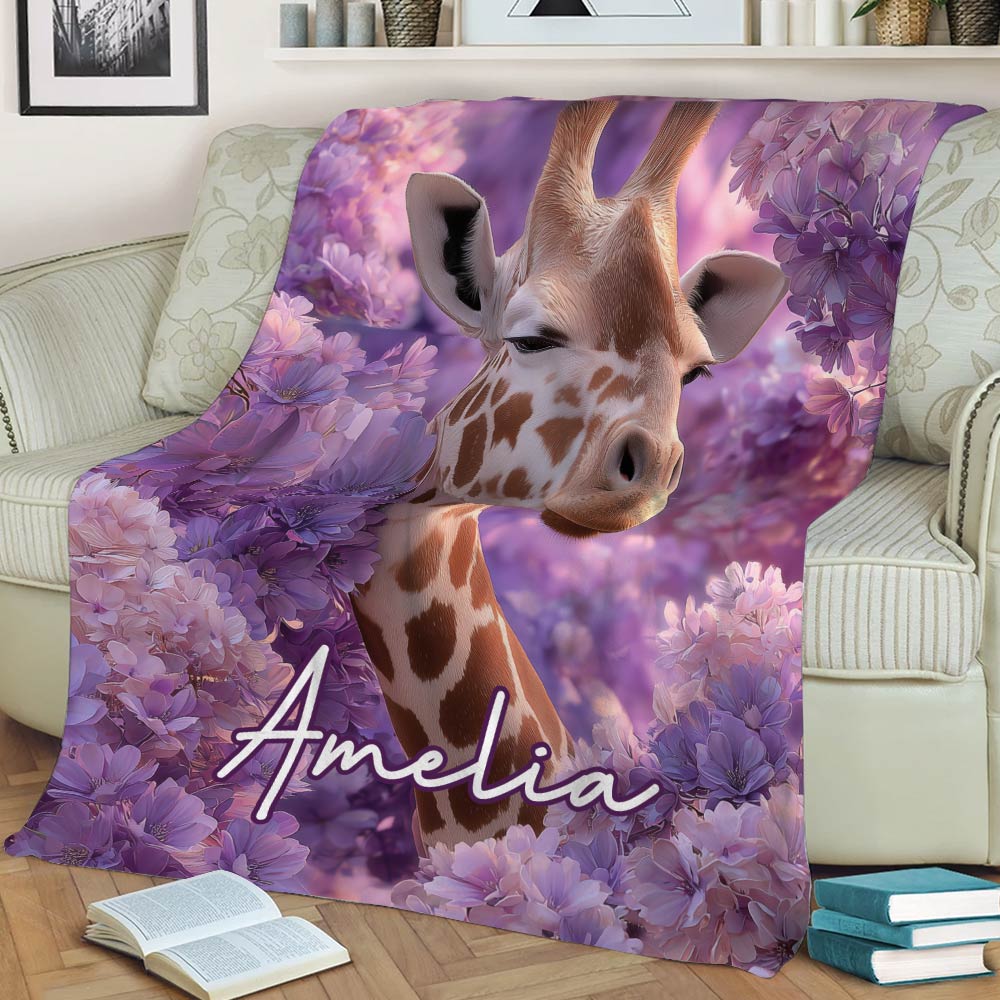 Giraffe and purple flower blanket draped across a cozy sofa