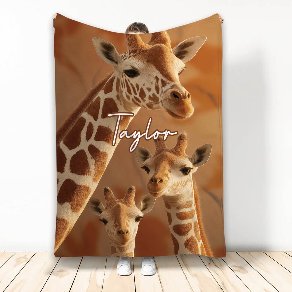 Giraffe blanket featuring three giraffes in warm brown wildlife artwork
