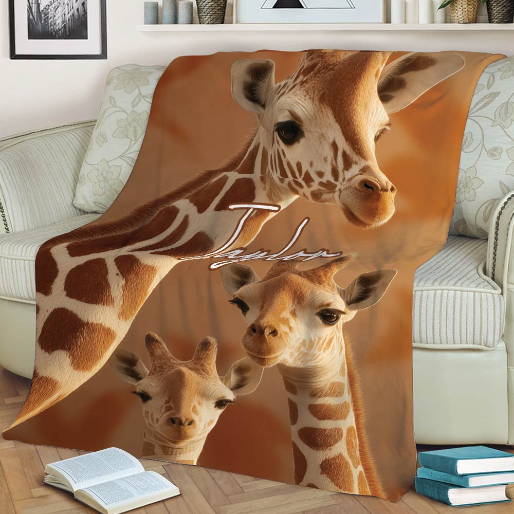 Close-up giraffe throw blanket with detailed animal artwork in earthy brown tones