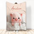 Cute pink pig blanket displayed vertically with soft blush tones and cozy bedding artwork