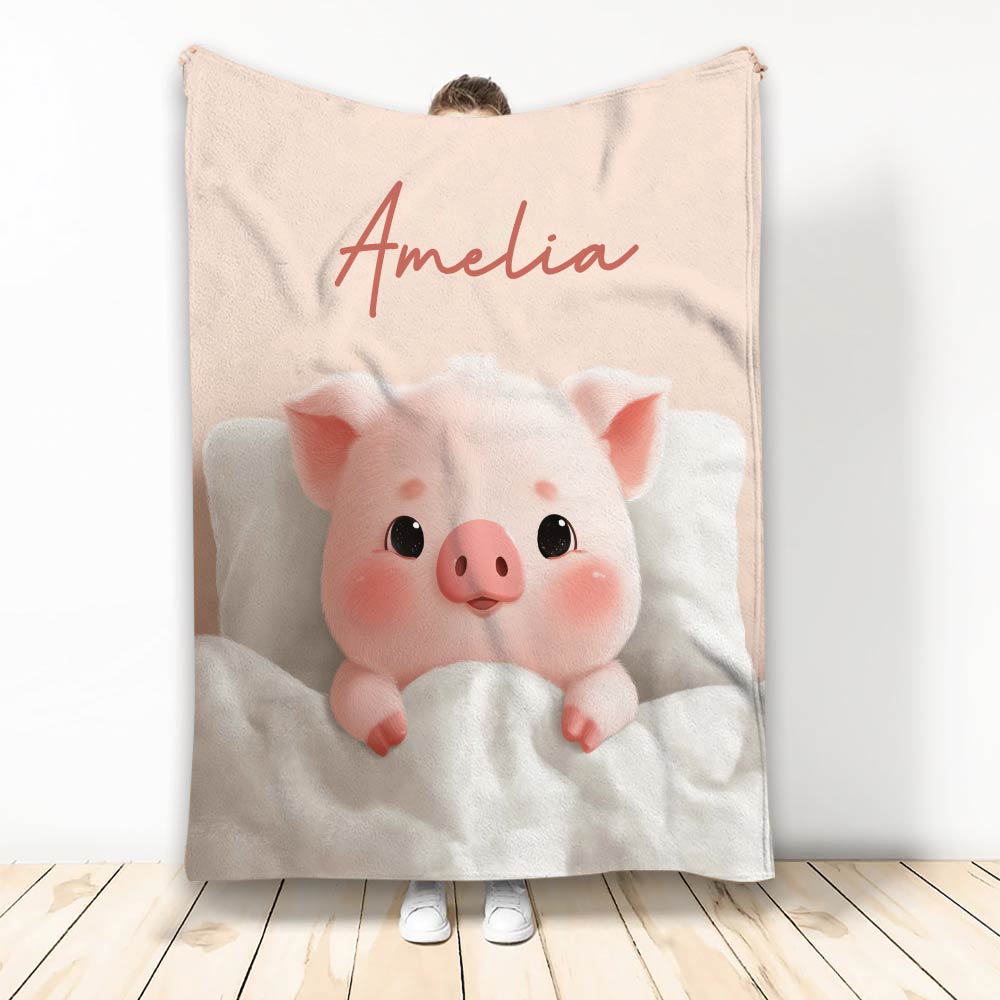 Cute pink pig blanket displayed vertically with soft blush tones and cozy bedding artwork