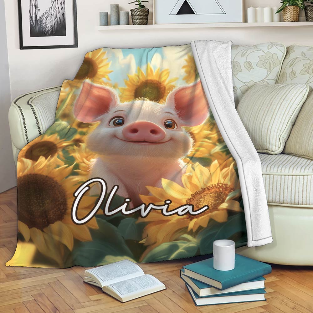 Sunflower pig blanket displayed on a living room sofa for cozy lounging and decor
