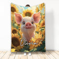 Pig throw blanket featuring a cheerful pig surrounded by bright sunflowers and blue sky