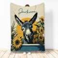 Donkey throw blanket with sunflower artwork, rustic farm-inspired colors, and a cozy lifestyle presentation