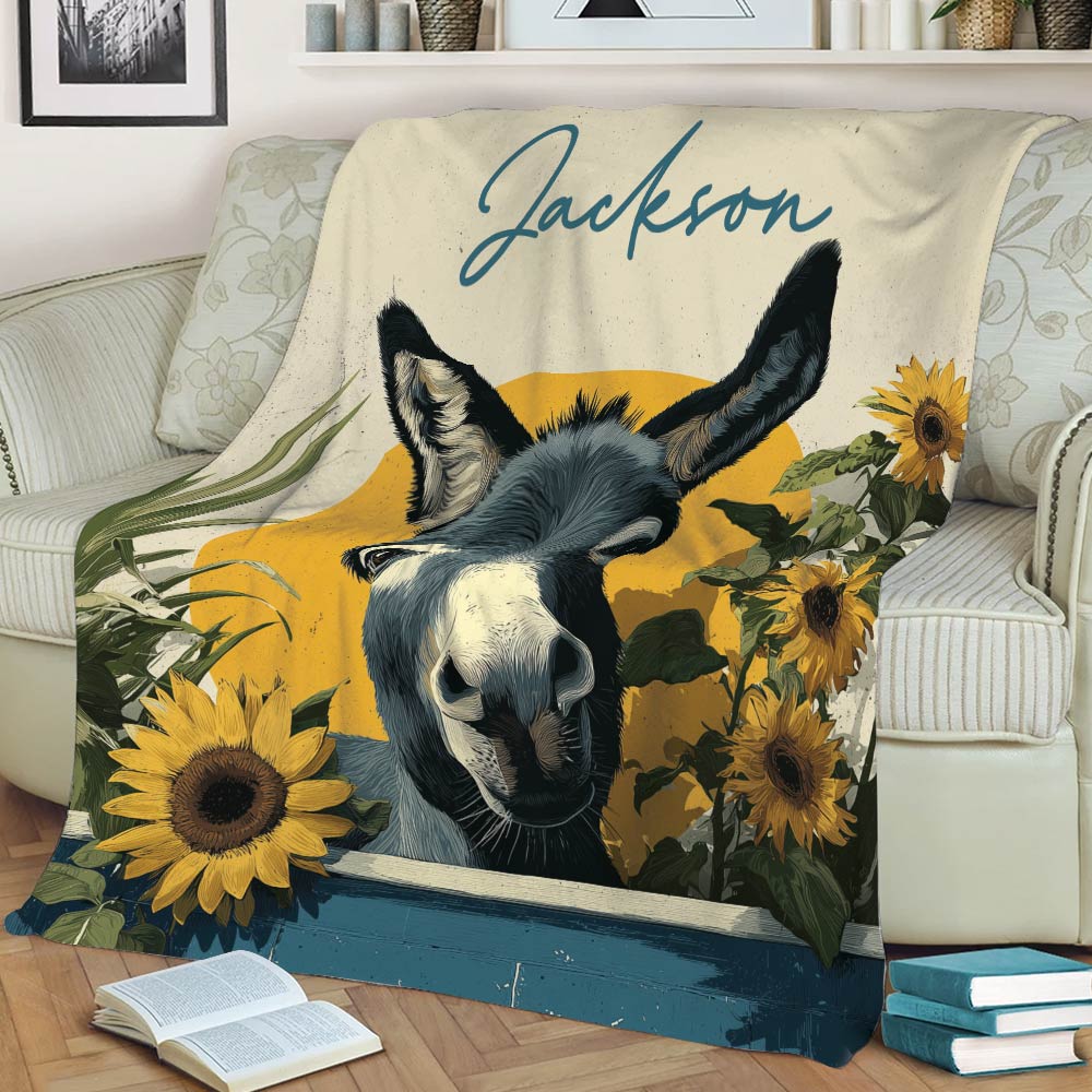 Rustic donkey throw blanket featuring bold sunflowers and farmhouse-inspired illustrated artwork