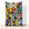 Colorful donkey collage throw blanket displayed vertically with illustrated donkey faces in vibrant panels
