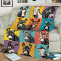 Illustrated donkey collage blanket spread across a sofa with vibrant multicolor artwork