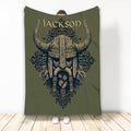 Viking throw blanket featuring an ornate horned helmet, Norse knotwork, and olive green artwork