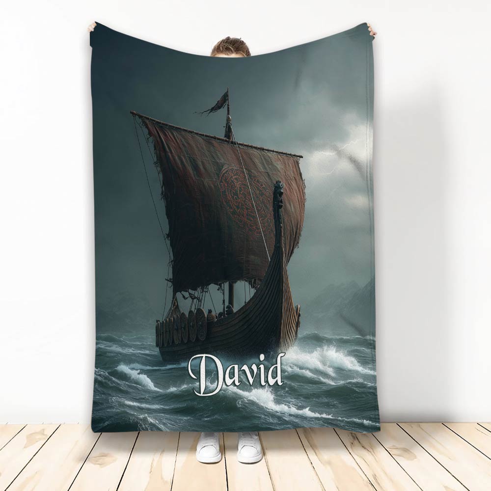 Viking throw blanket featuring a dramatic Norse longship sailing through stormy waves
