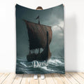 Viking throw blanket featuring a dramatic Norse longship sailing through stormy waves
