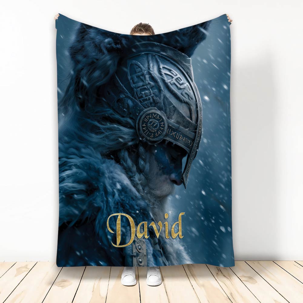 Viking warrior throw blanket displayed upright with dark blue winter artwork and Norse-inspired helmet details