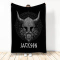 Black Viking throw blanket featuring an engraved Norse warrior helmet and circular rune-inspired artwork