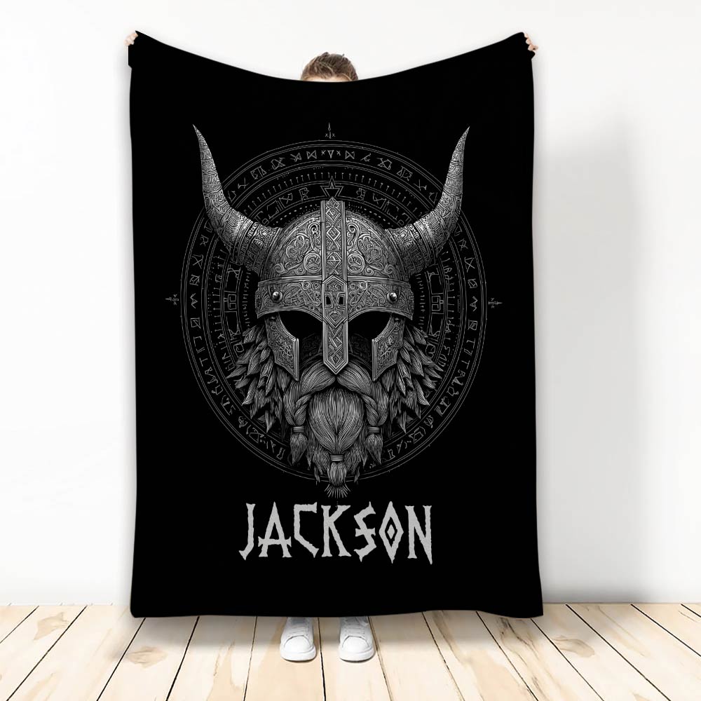 Black Viking throw blanket featuring an engraved Norse warrior helmet and circular rune-inspired artwork