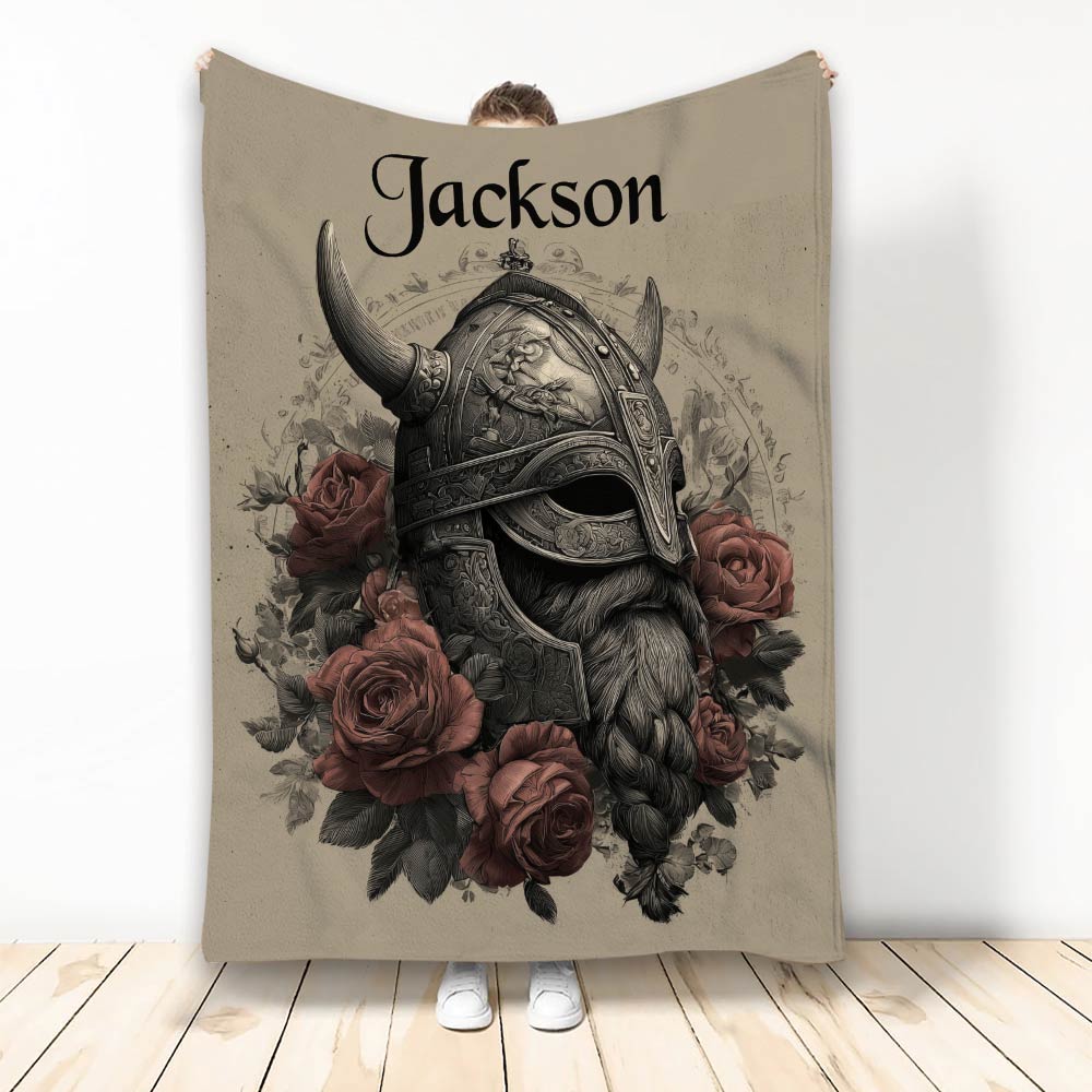 Viking throw blanket featuring an ornate horned helmet, Norse warrior artwork, and dark red roses