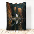 Lake house throw blanket featuring an autumn forest, quiet lake, and secluded cabin scene