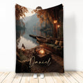 Custom Lake House Blanket featuring an autumn lake, wooden dock, rowboat, lanterns, and lakeside fire pit