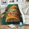 Taco blanket draped across a sofa with vibrant taco artwork in a cozy living room setting