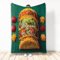 Taco throw blanket displayed upright with colorful tacos, toppings, and a dark green food-inspired background