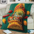 Close lifestyle view of a taco throw blanket featuring layered tacos, salsa, cheese, and fresh toppings
