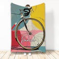 Colorful bicycle throw blanket displayed vertically with vintage-inspired cycling artwork