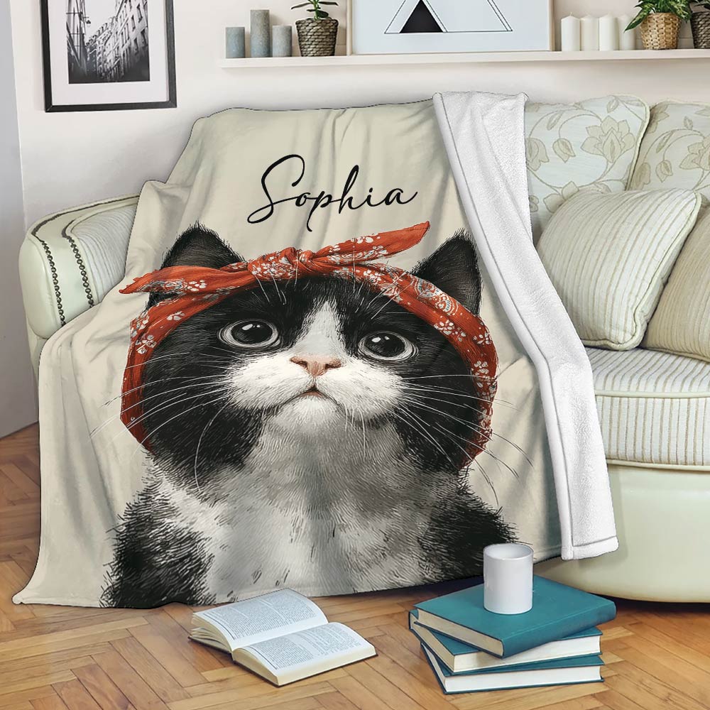 Black-and-white tuxedo cat throw blanket draped over a sofa in a cozy living room