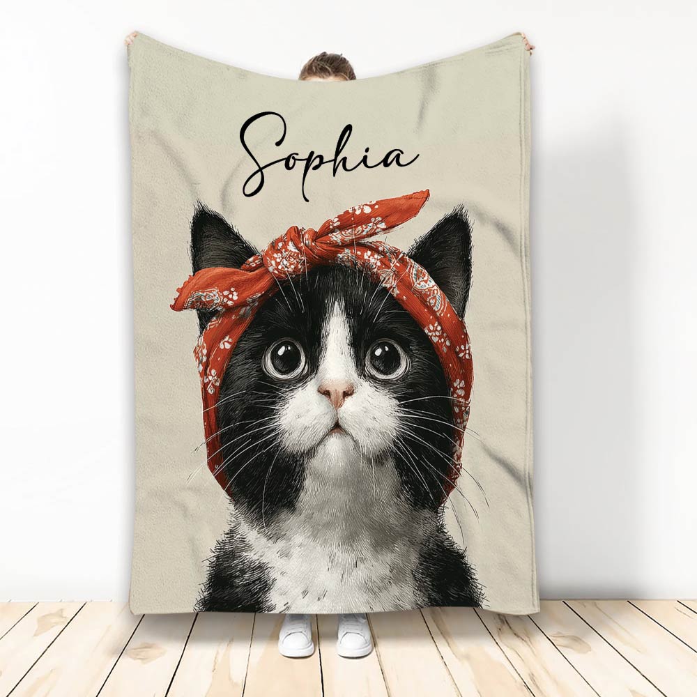 Tuxedo cat blanket with black-and-white cat artwork and a red bandana in a lifestyle display