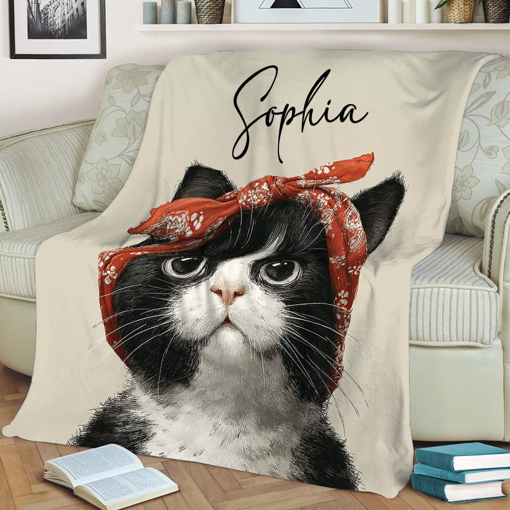 Tuxedo cat blanket featuring expressive black-and-white cat artwork on a lounge chair