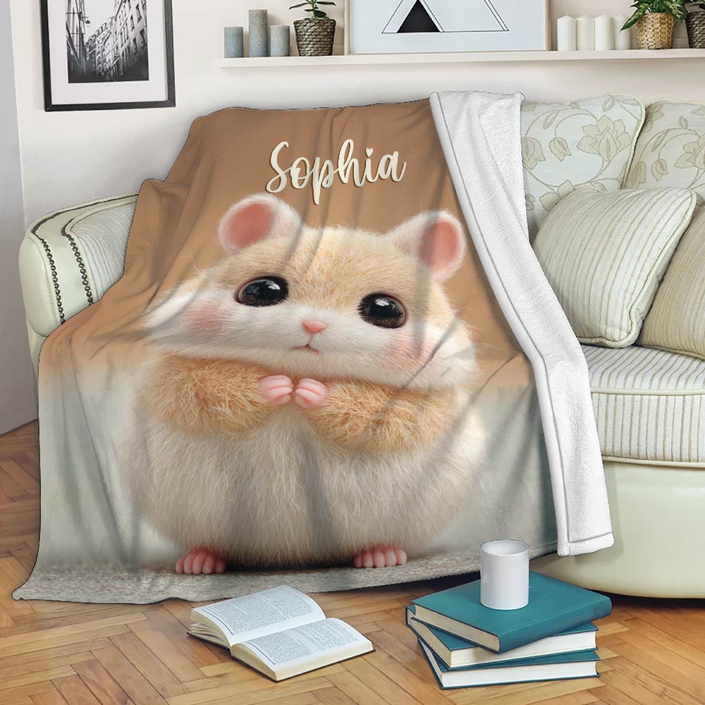 Cute hamster blanket draped over a sofa in a cozy living room setting