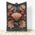 Crab throw blanket with an ornate botanical design, red crab, blue foliage, cream flowers, and dark celestial artwork