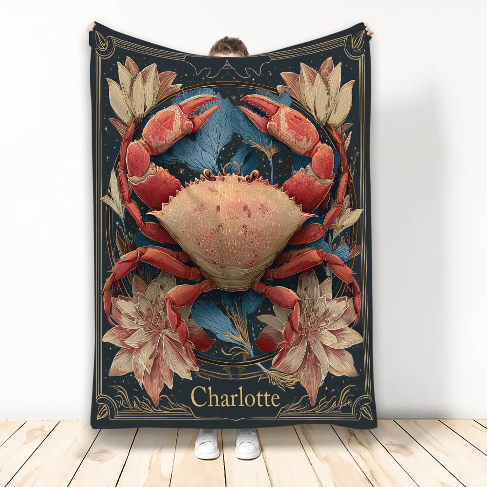 Crab throw blanket with an ornate botanical design, red crab, blue foliage, cream flowers, and dark celestial artwork