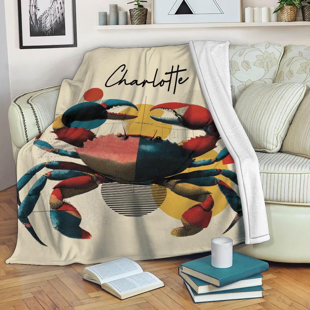 Colorful crab throw blanket draped over a sofa in a cozy living room setting