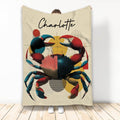 Colorful custom crab blanket displayed vertically with bold geometric shapes and vintage-inspired artwork