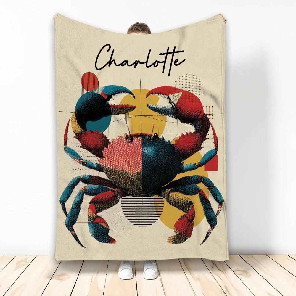Colorful custom crab blanket displayed vertically with bold geometric shapes and vintage-inspired artwork